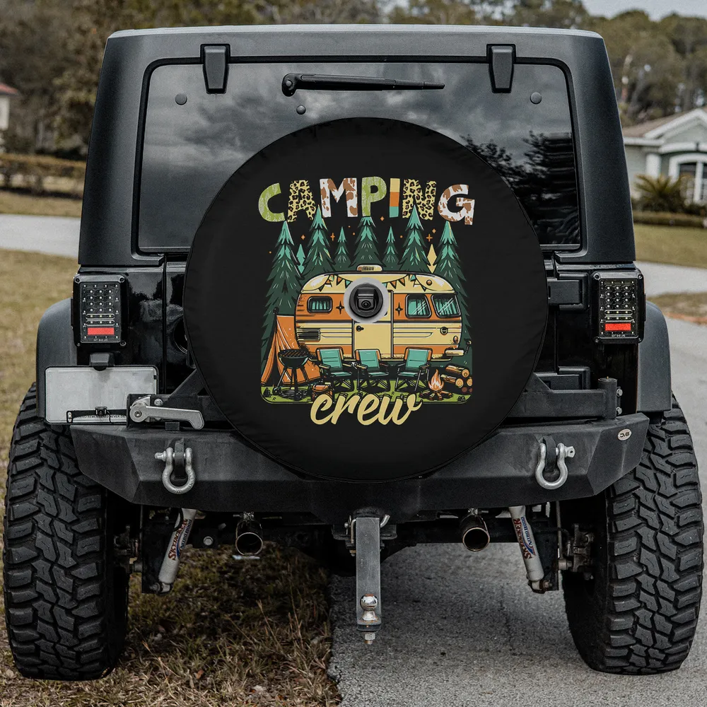 Camping Crew camper and forest scene spare tire cover with camera hole for RV and Jeep