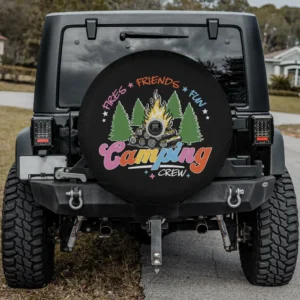 Camping Crew spare tire cover campfire forest scene with camera hole, fits Jeep, Bronco, RV
