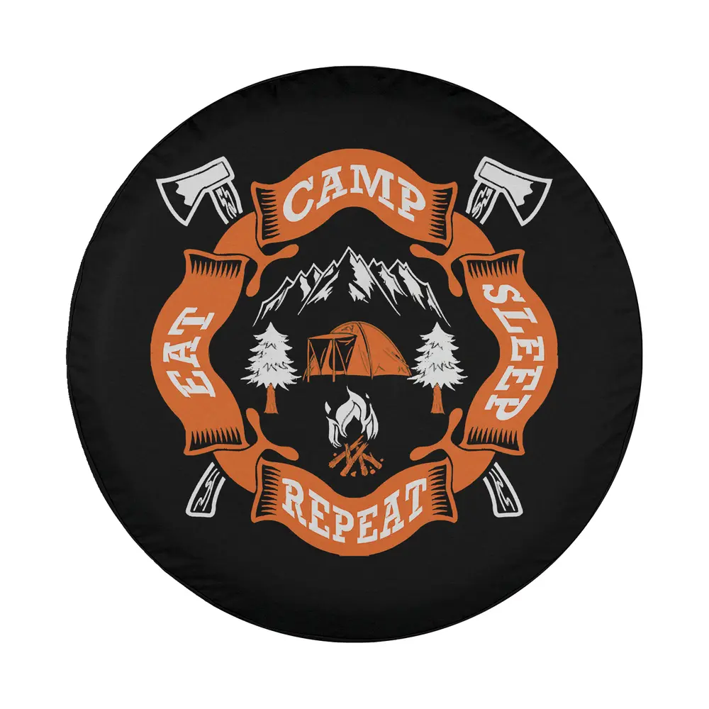Bold camping spare tire cover design with axes, tent, campfire, and mountain scene