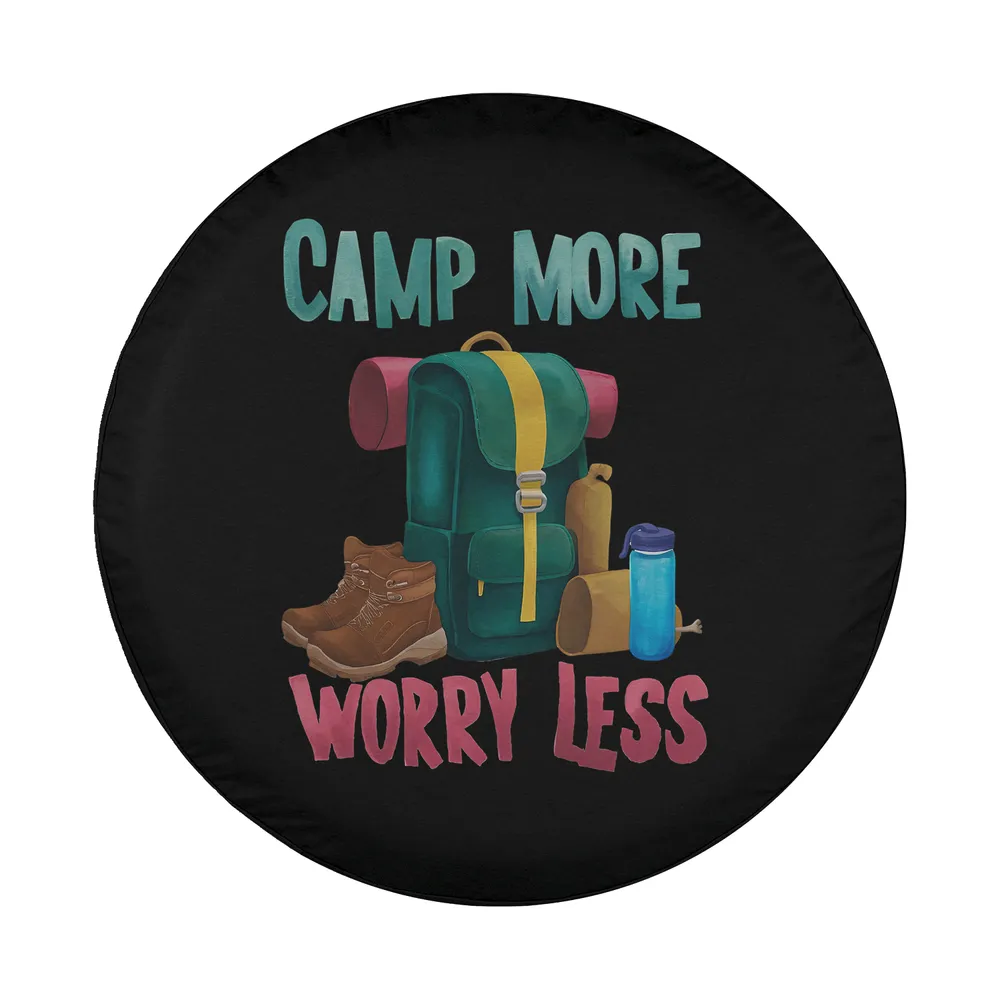 Camp More Worry Less backpack and hiking boots camping gear design