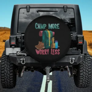 Camp More Worry Less backpack and hiking boots camping gear spare tire cover no camera hole