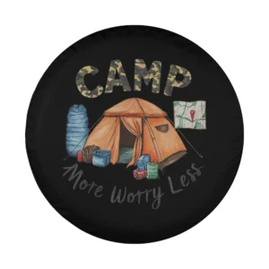 Hand-drawn camping gear tent and map camp more worry less design for spare tire cover