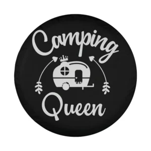 Camping Queen crowned camper and arrow design for spare tire cover