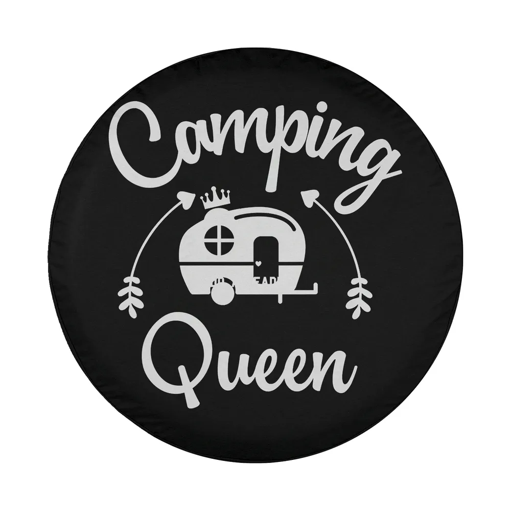 Camping Queen crowned camper and arrow design for spare tire cover