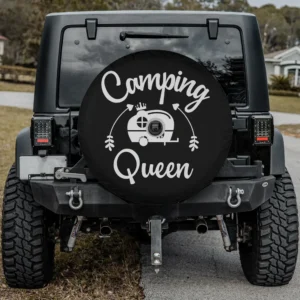 Camping Queen camper spare tire cover with crown and arrow, backup camera hole option