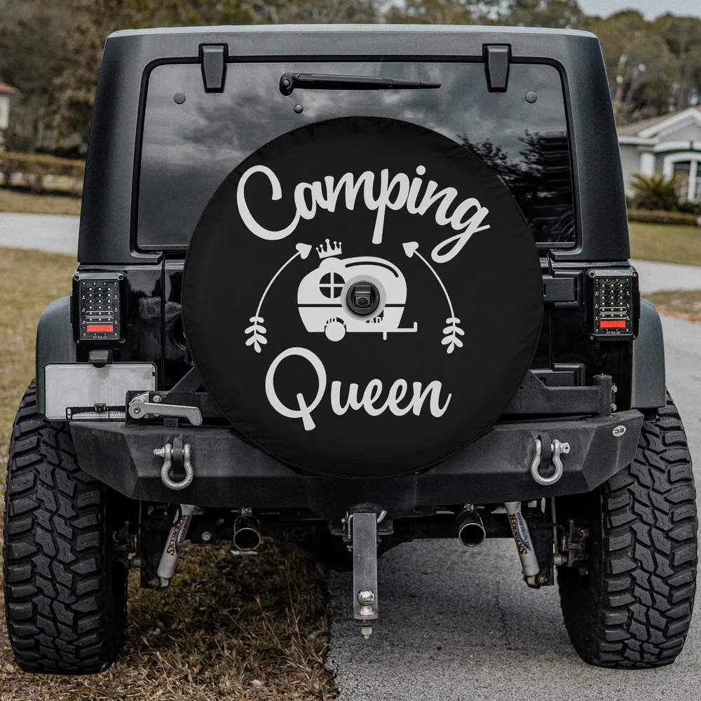 Camping Queen camper spare tire cover with crown and arrow, backup camera hole option