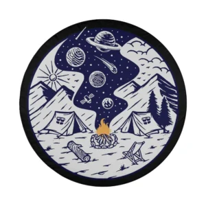 Hand-drawn camping scene with campfire, mountain, tents, and planets for spare tire cover