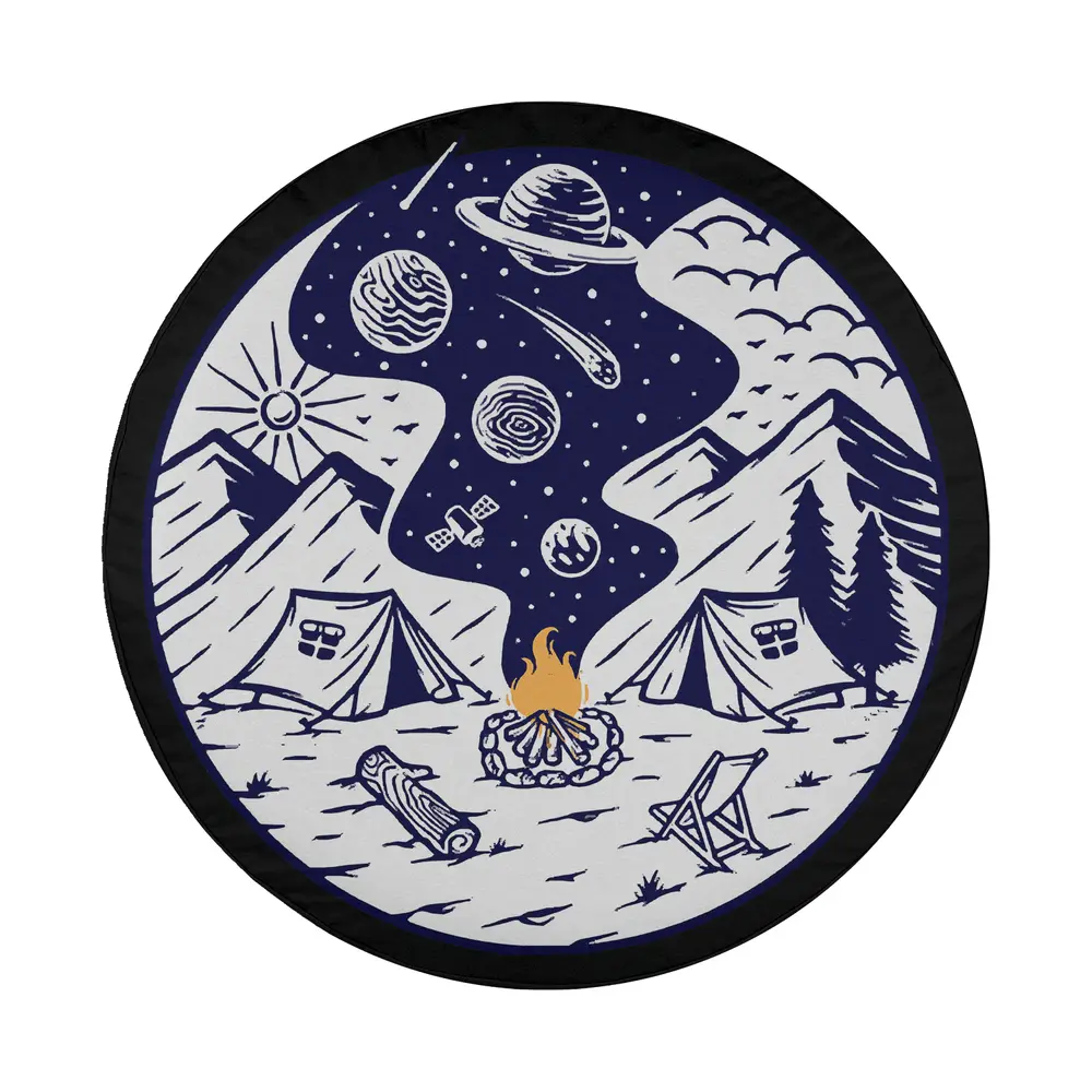 Hand-drawn camping scene with campfire, mountain, tents, and planets for spare tire cover
