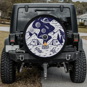 Camping spare tire cover with campfire, mountain, tents, and planets design, with camera hole