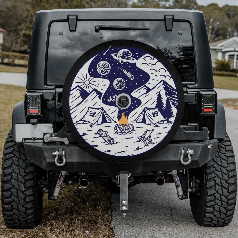 Camping spare tire cover with campfire, mountain, tents, and planets design, with camera hole