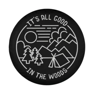 Line art mountains pine trees camping scene spare tire cover design only