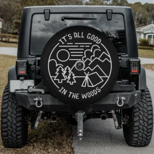 Mountains pine trees camping scene spare tire cover with camera hole for Jeep RV SUV