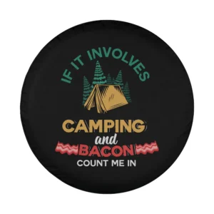 Camping tent and bacon strips graphic for camping spare tire cover