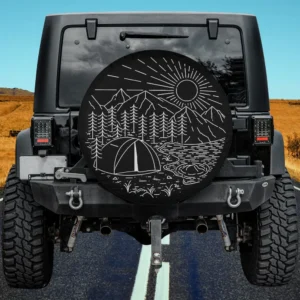 Camping tent sunrise mountain camping spare tire cover without camera hole for Jeep, RV, SUV, Truck, Trailer