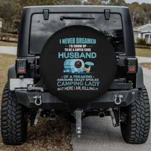 cartoon camper camping lady husband spare tire cover with camera hole for SUV RV