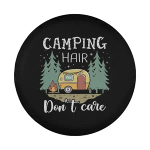 Cartoon camper trailer and pine trees funny camping quote design only