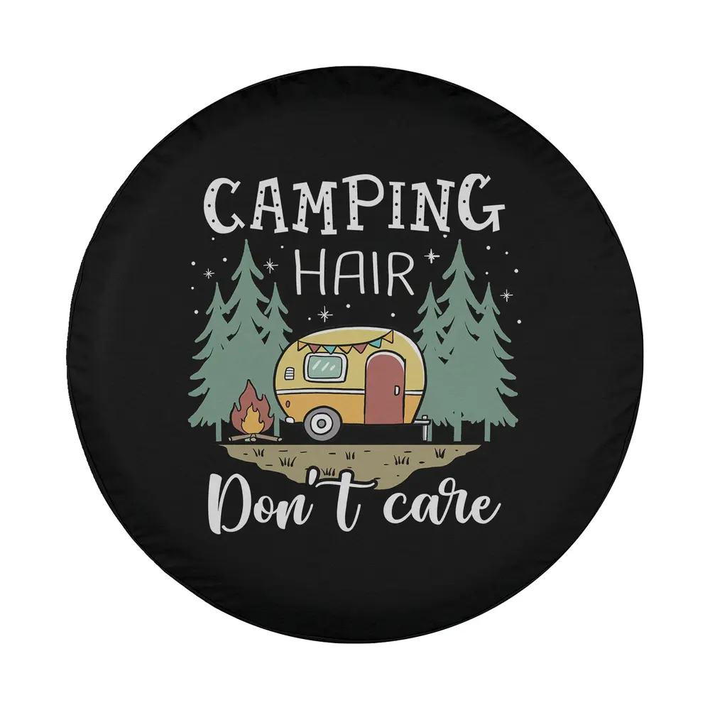 Cartoon camper trailer and pine trees funny camping quote design only