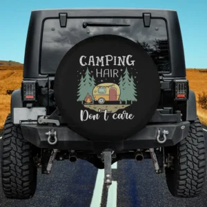 Cartoon camper trailer and pine trees with funny camping quote spare tire cover no camera hole