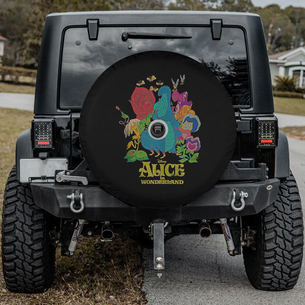 Alice in Wonderland spare tire cover with caterpillar and living flowers, with camera hole for Jeep