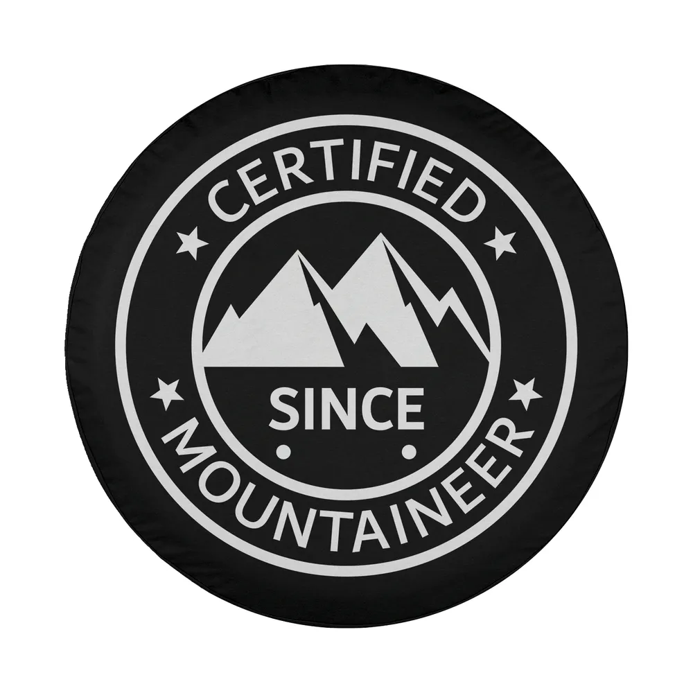 Certified Mountaineer badge with mountain emblem graphic design for spare tire cover