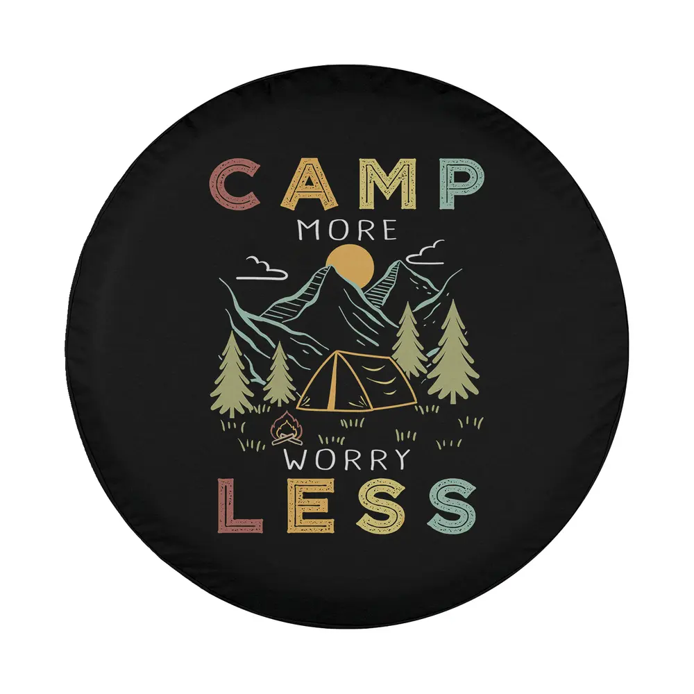 Hand-drawn camp more worry less mountains tent design for spare tire cover