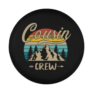 Cousin Crew retro mountain camping design for spare tire cover, sunset and pine trees