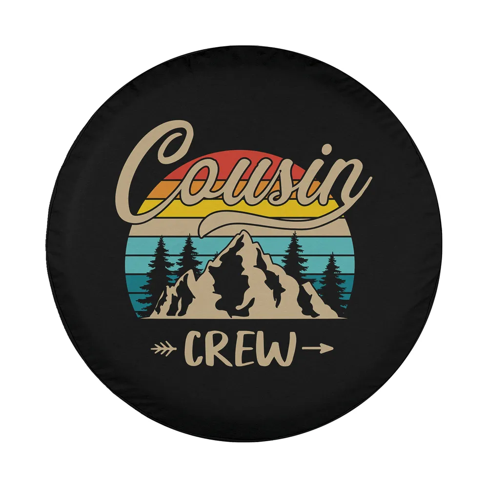 Cousin Crew retro mountain camping design for spare tire cover, sunset and pine trees
