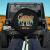 Cousin Crew retro mountain camping spare tire cover with no camera hole on Jeep