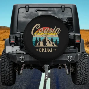 Cousin Crew retro mountain camping spare tire cover with no camera hole on Jeep