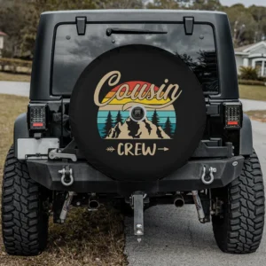 Cousin Crew retro mountain camping spare tire cover with backup camera hole for SUV