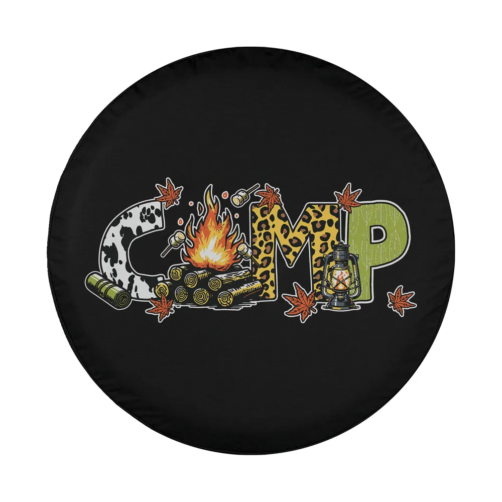 Rustic campfire lantern leaves camping spare tire cover design only