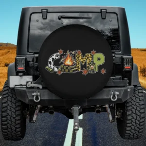 Cow print campfire lantern leaves camping spare tire cover with rustic design, no camera hole