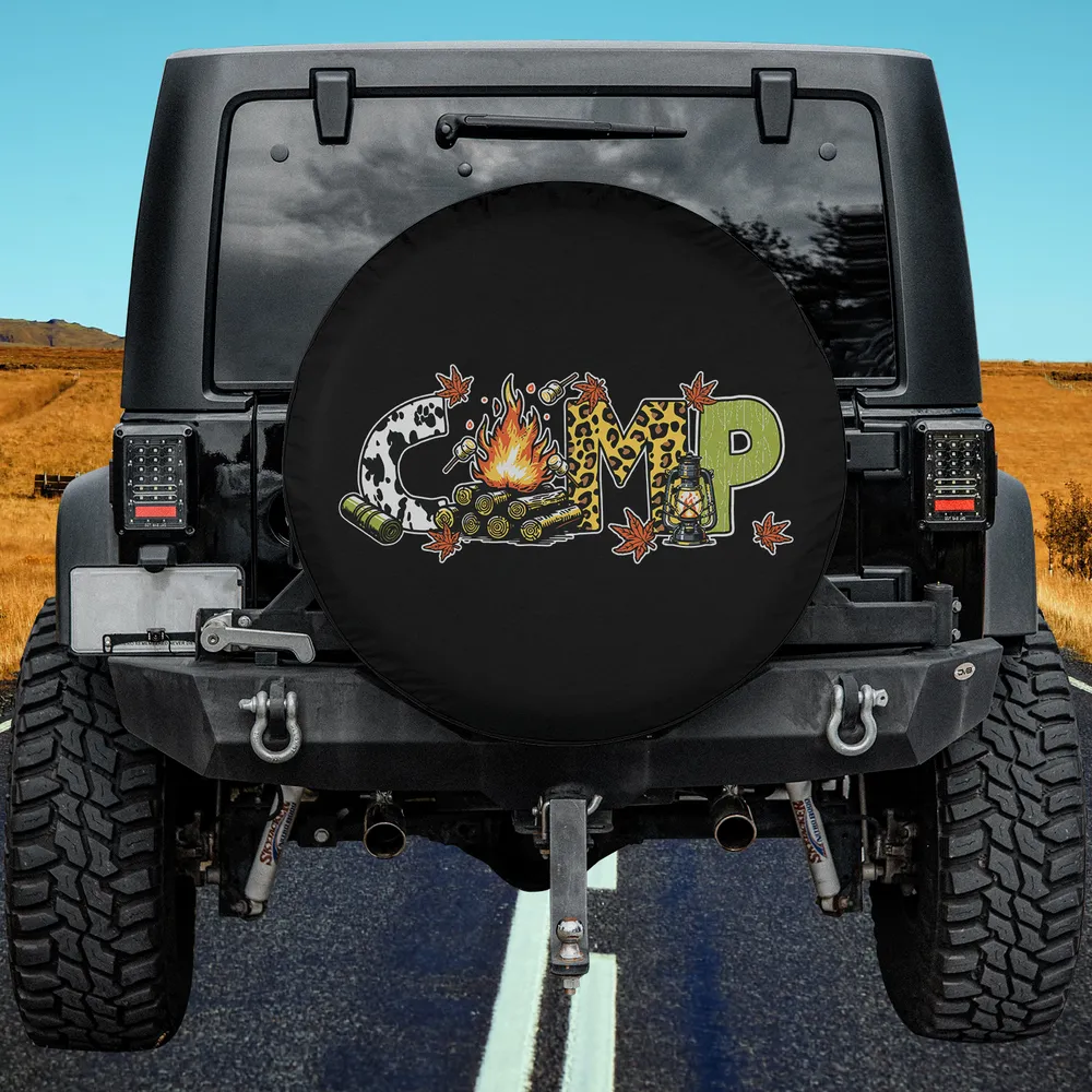 Cow print campfire lantern leaves camping spare tire cover with rustic design, no camera hole