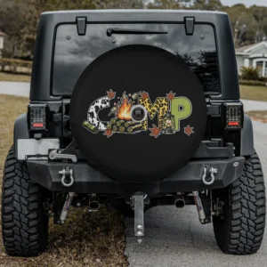 Cow print campfire lantern leaves camping spare tire cover with backup camera hole option