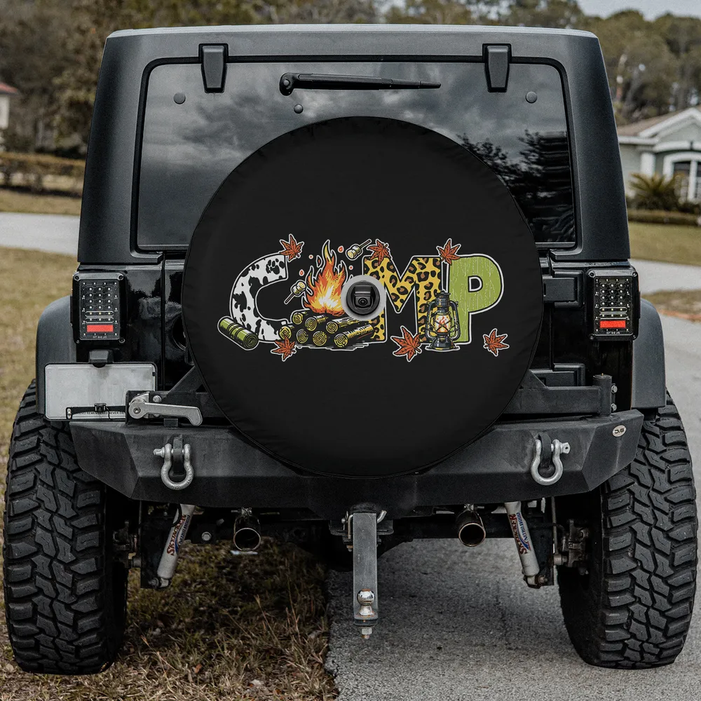 Cow print campfire lantern leaves camping spare tire cover with backup camera hole option