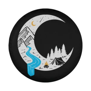 crescent moon blue river camping design with mountains, trees, tent, campfire