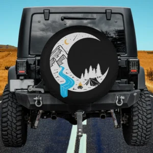 crescent moon blue river camping spare tire cover with mountains, pine trees, tent and campfire, no camera hole