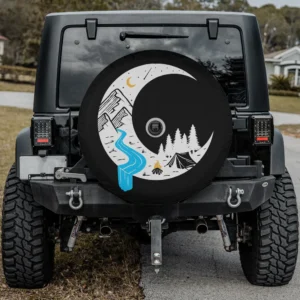 crescent moon blue river camping spare tire cover with camera hole, moon, river, tent, campfire