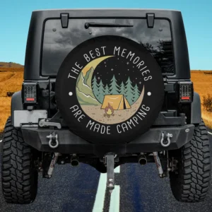 crescent moon pine trees camping scene spare tire cover with tent and campfire, no camera hole