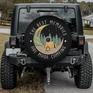 crescent moon pine trees camping scene spare tire cover with tent, campfire, and camera hole
