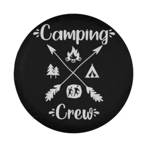 Design only: Camping Crew spare tire cover with crossed arrows, campfire, hiking icons