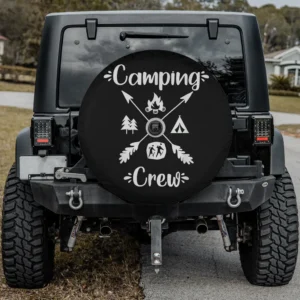 Camping Crew spare tire cover with crossed arrows, campfire, hiking icons, with camera hole
