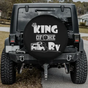 crown king rv camper graphic spare tire cover with crown and RV illustration, with camera hole