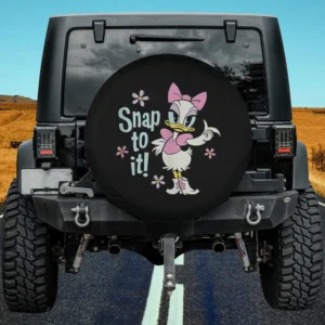 Daisy Duck with pink bow and Snap to it text flowers spare tire cover no camera hole