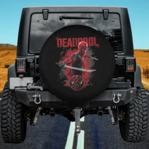 Deadpool distressed red stamp Wolverine logo spare tire cover with no camera hole on Jeep
