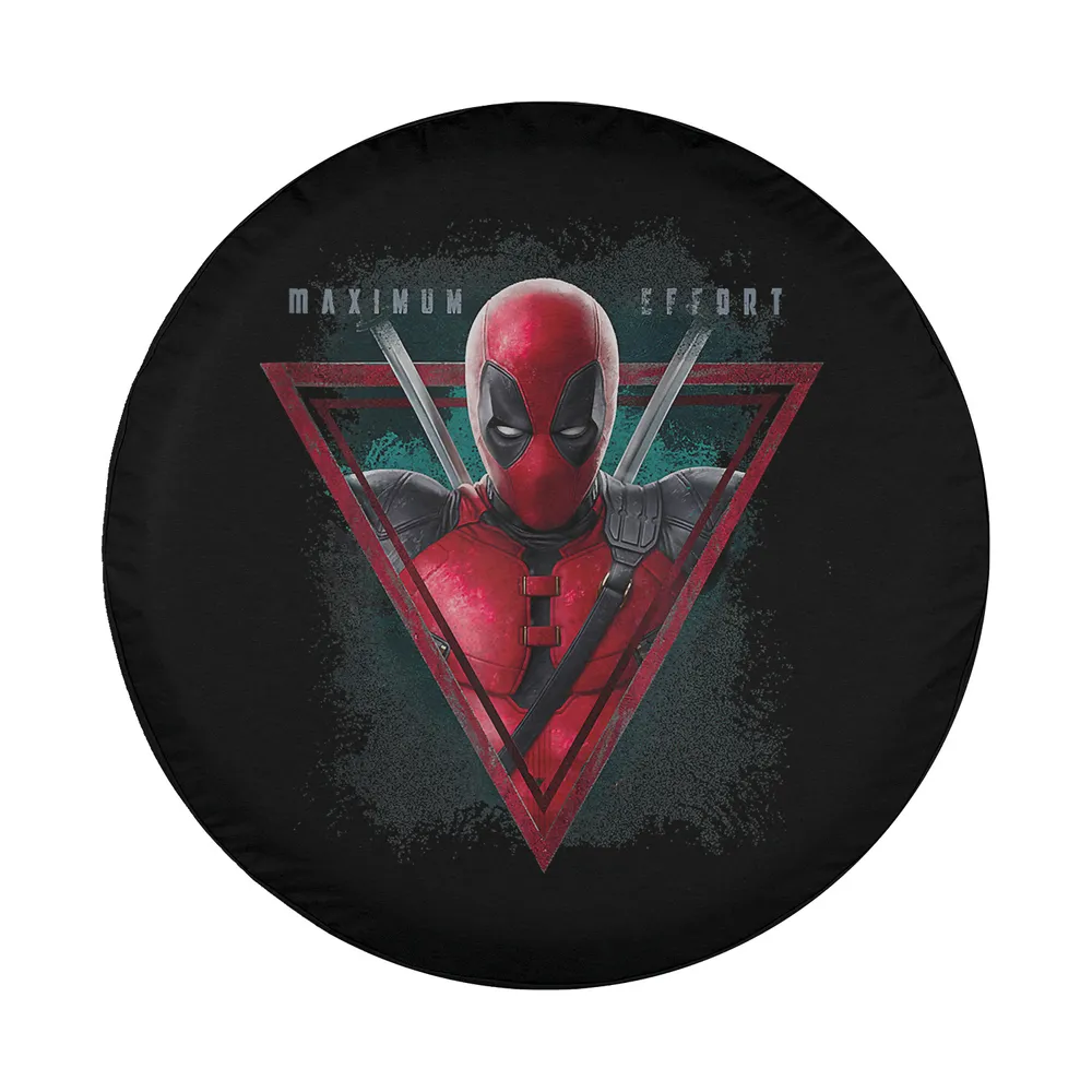 Deadpool Maximum Effort triangle vintage design spare tire cover closeup