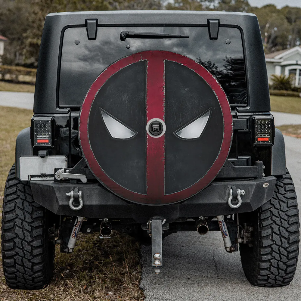 Deadpool Wolverine face logo spare tire cover with backup camera hole for Jeep SUV RV
