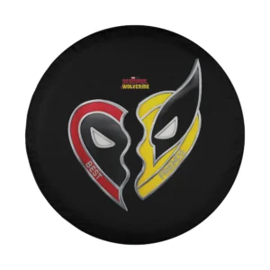 Deadpool Wolverine split heart best friends logo design on spare tire cover