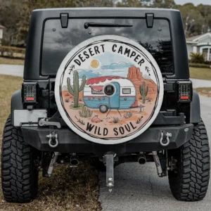 Desert camper retro cactus camping spare tire cover for backup camera Jeep SUV RV