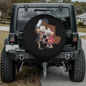 Dipper and Mabel Pines scared hug Gravity Falls spare tire cover with camera hole